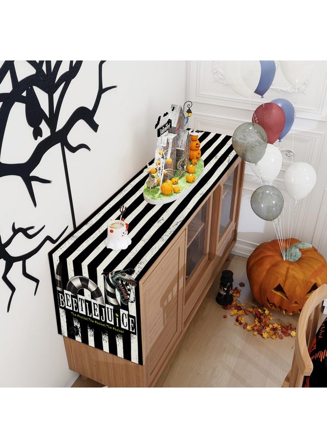 Linen Black And White Stripe Beetlejuice Halloween Table Runner 90 Inches Long Scary Halloween Birthday Party Decorations And Supplies For Home Kitchen Dining Room Table