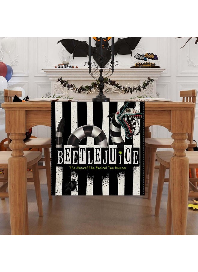 Linen Black And White Stripe Beetlejuice Halloween Table Runner 90 Inches Long Scary Halloween Birthday Party Decorations And Supplies For Home Kitchen Dining Room Table