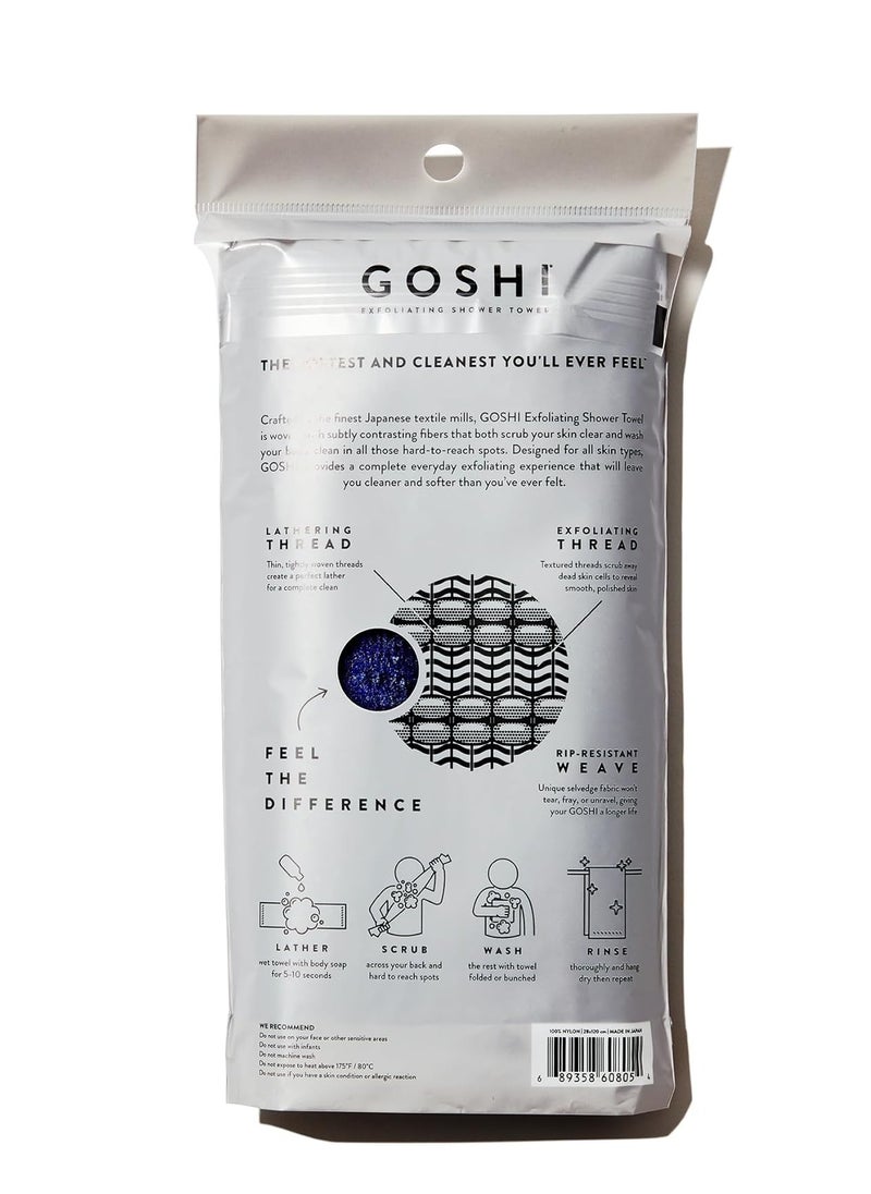 GOSHI Exfoliating Shower Towel - Rip-Resistant Exfoliating Washcloth for All Skin Types - Indigo Blue - Made in Japan