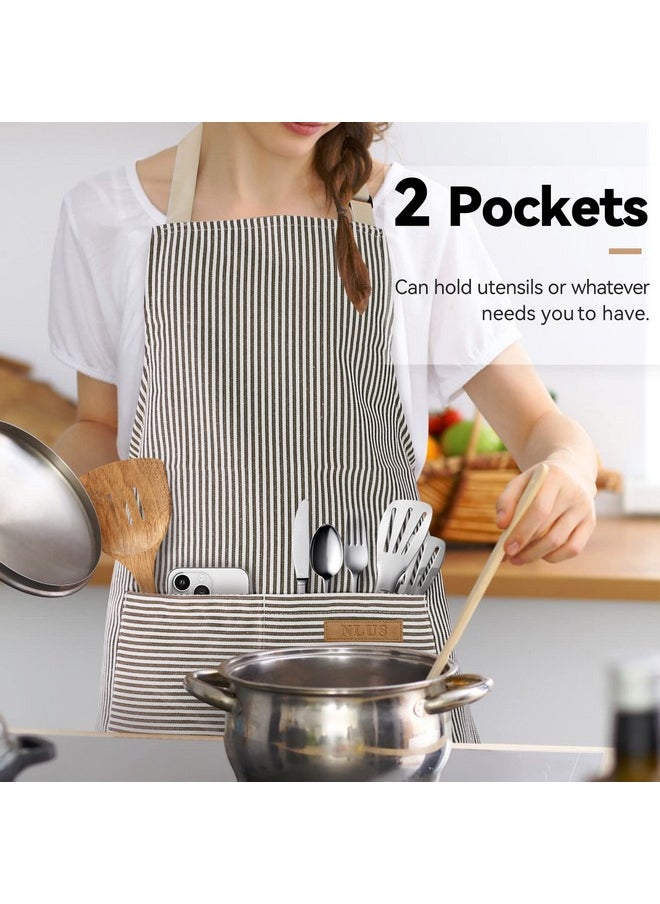 2 Pack Kitchen Cooking Aprons, Adjustable Bib Soft Chef Apron With 2 Pockets For Men Women(Black/Brown Stripes)