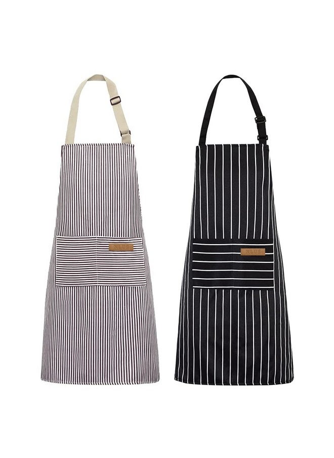 2 Pack Kitchen Cooking Aprons, Adjustable Bib Soft Chef Apron With 2 Pockets For Men Women(Black/Brown Stripes)