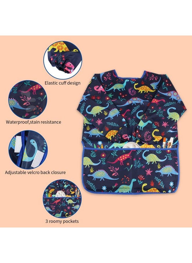 2 Pack Kids Painting Apron Children'S Waterproof Artist Apron With Long Sleeve And 3 Pockets For Child 3-8 Years For Art Craft, Cooking, Baking, Feeding (Dinosaur Pattern)