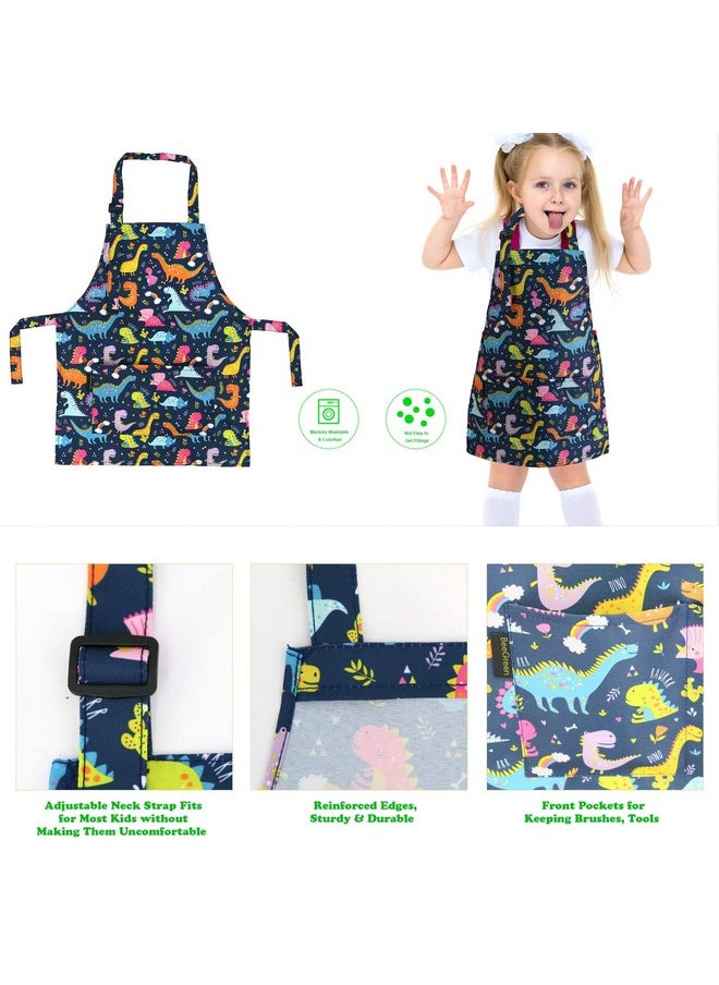 Kids Apron 2 Pack Cooking Aprons With Adjustable Strap Kids Kitchen Aprons With Front Pocket For Girls Toddler Painting Baking Artist Washable Foldable Lightweight (Dinosaurs+Space Planets)