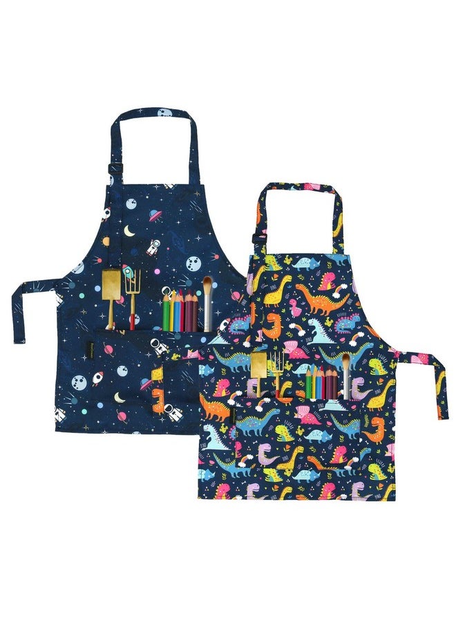 Kids Apron 2 Pack Cooking Aprons With Adjustable Strap Kids Kitchen Aprons With Front Pocket For Girls Toddler Painting Baking Artist Washable Foldable Lightweight (Dinosaurs+Space Planets)