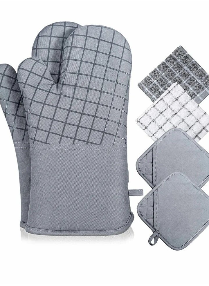 Oven Mitts and Pot Holders Sets, 550°F High Heat Resistant with Kitchen Towels Thick Cotton Gloves Non-Slip Silicone for Cooking Baking (6Pcs, Grey)