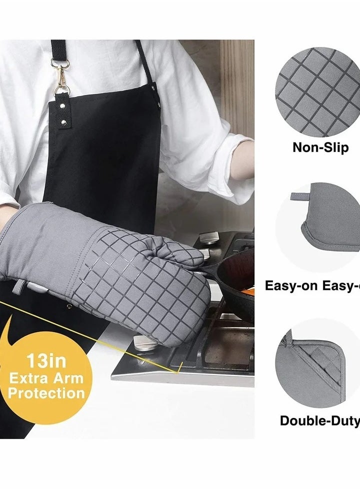 Oven Mitts and Pot Holders Sets, 550°F High Heat Resistant with Kitchen Towels Thick Cotton Gloves Non-Slip Silicone for Cooking Baking (6Pcs, Grey)