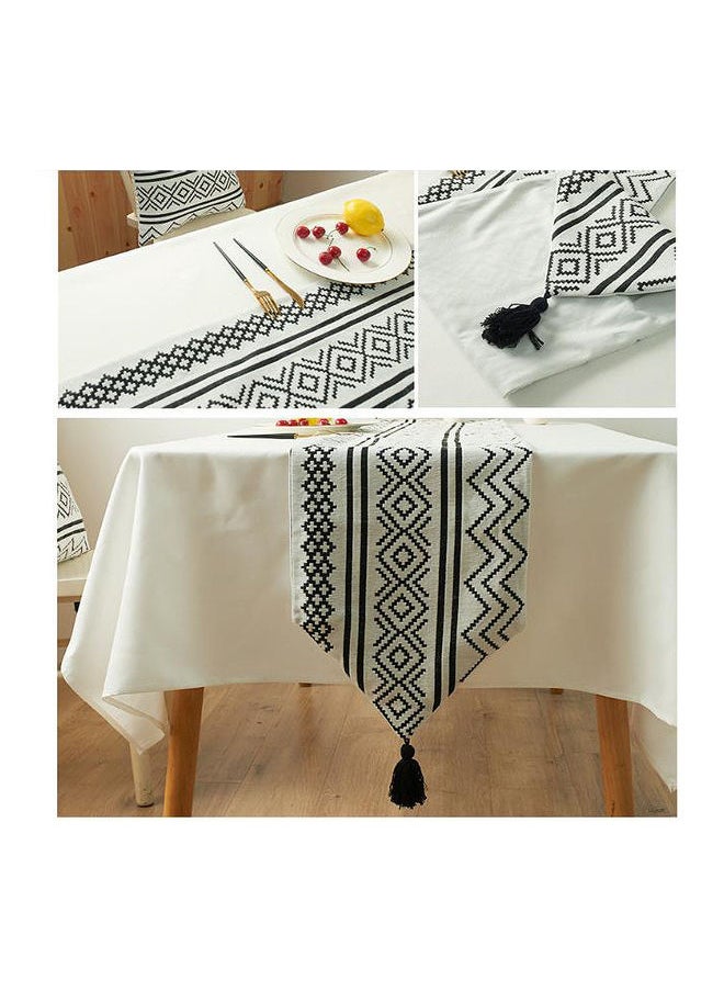 Chenille Geometric Tassel Table Runner White/Black 33 x 180cm