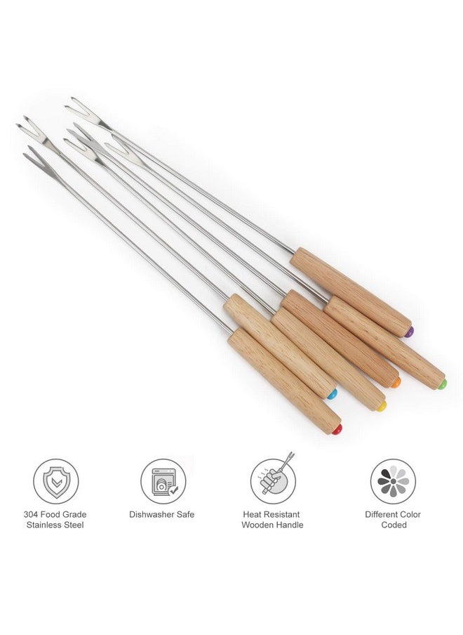 Fondue Fork, 18Pcs Stainless Steel Color Coding Fondue Forks With Wooden Handle For Chocolate Fountain Cheese Fondue Roast Marshmallows, 9.5 Inch