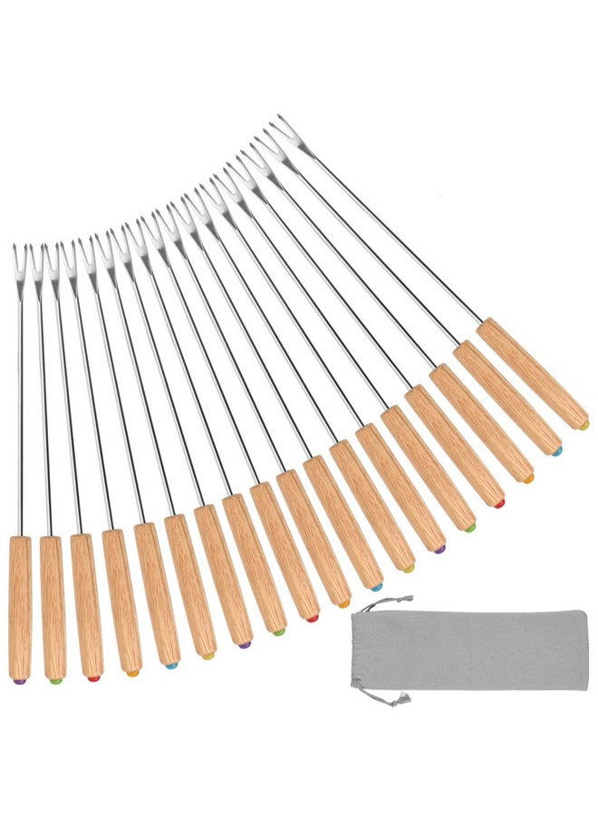 Fondue Fork, 18Pcs Stainless Steel Color Coding Fondue Forks With Wooden Handle For Chocolate Fountain Cheese Fondue Roast Marshmallows, 9.5 Inch