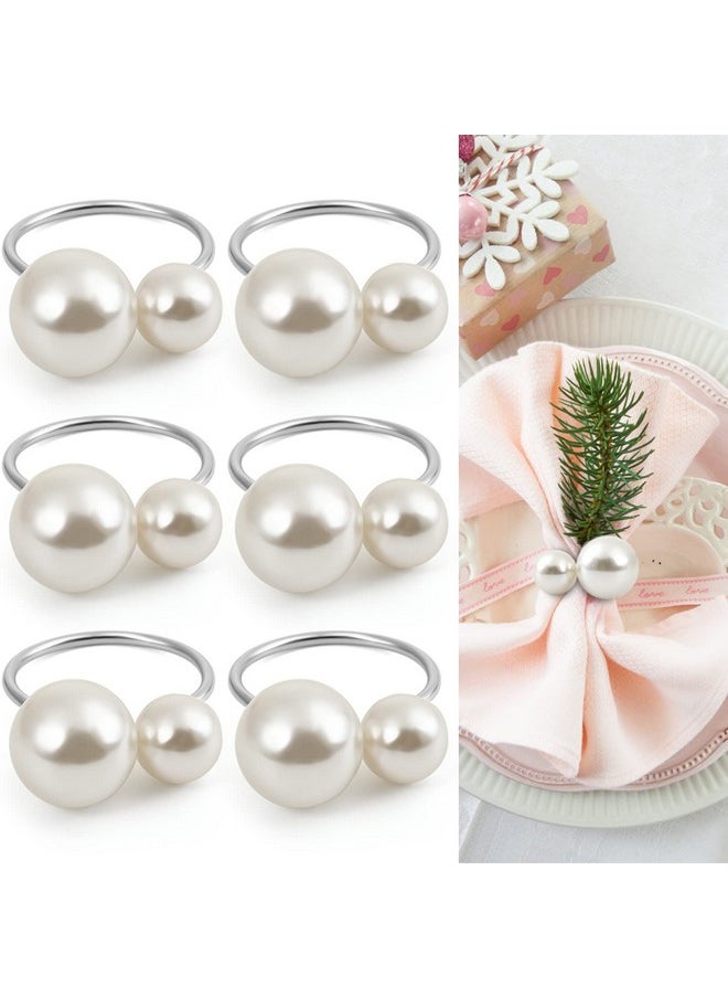 Pearl Napkin Rings Set Of 6, Silver Napkin Rings Holders For Formal Or Casual Dinning Table Decor