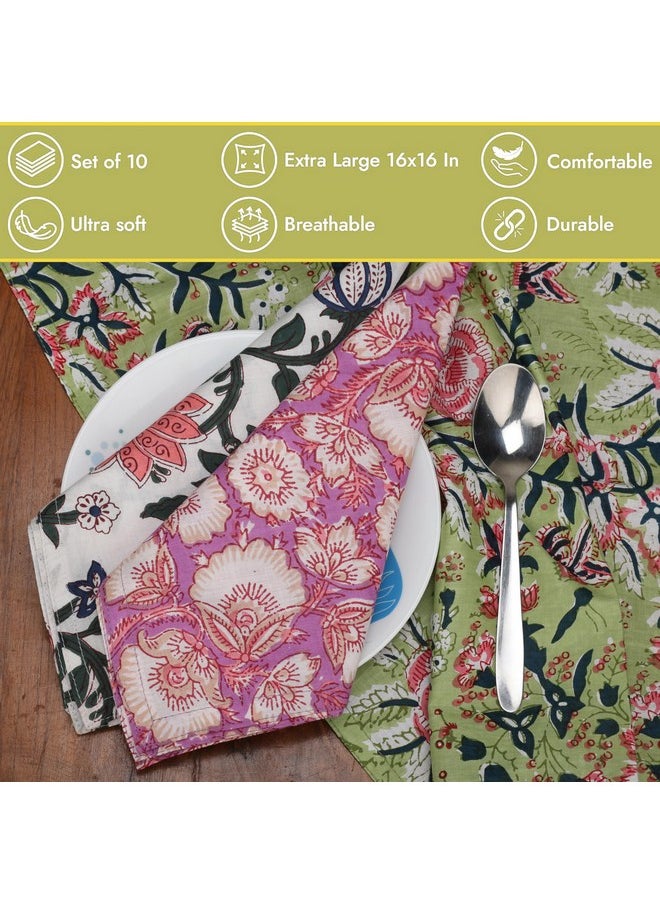 Cotton Cloth Napkins- Hand Block Print,Eco-Friendly, Handmade, Multicoloured,Floral,Multicolor-16X16 Inches (10 Pcs)