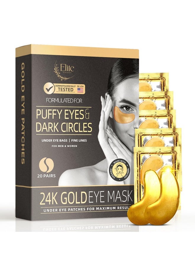 24K Gold Eye Mask - Under Eye Patches For Dark Circles, Puffiness, And Wrinkles - 20 Gold Eye Patches For Puffy Eyes With Collagen And Amino Acids For Intense Hydration And Firming