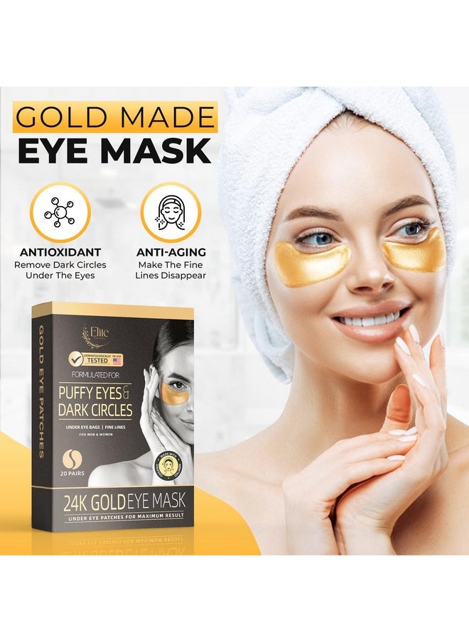 24K Gold Eye Mask - Under Eye Patches For Dark Circles, Puffiness, And Wrinkles - 20 Gold Eye Patches For Puffy Eyes With Collagen And Amino Acids For Intense Hydration And Firming