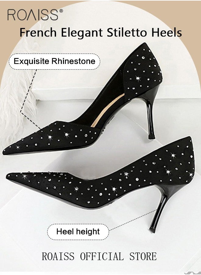 Women Pointed Toe Stiletto High Heels to Enhance Leg Lines Visually Slimming Luxurious Silk Satin Material with Side Hollow Design and Rhinestone Embellishments Perfect for Formal Events and Parties