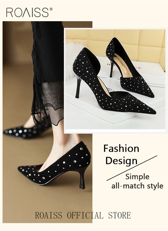 Women Pointed Toe Stiletto High Heels to Enhance Leg Lines Visually Slimming Luxurious Silk Satin Material with Side Hollow Design and Rhinestone Embellishments Perfect for Formal Events and Parties