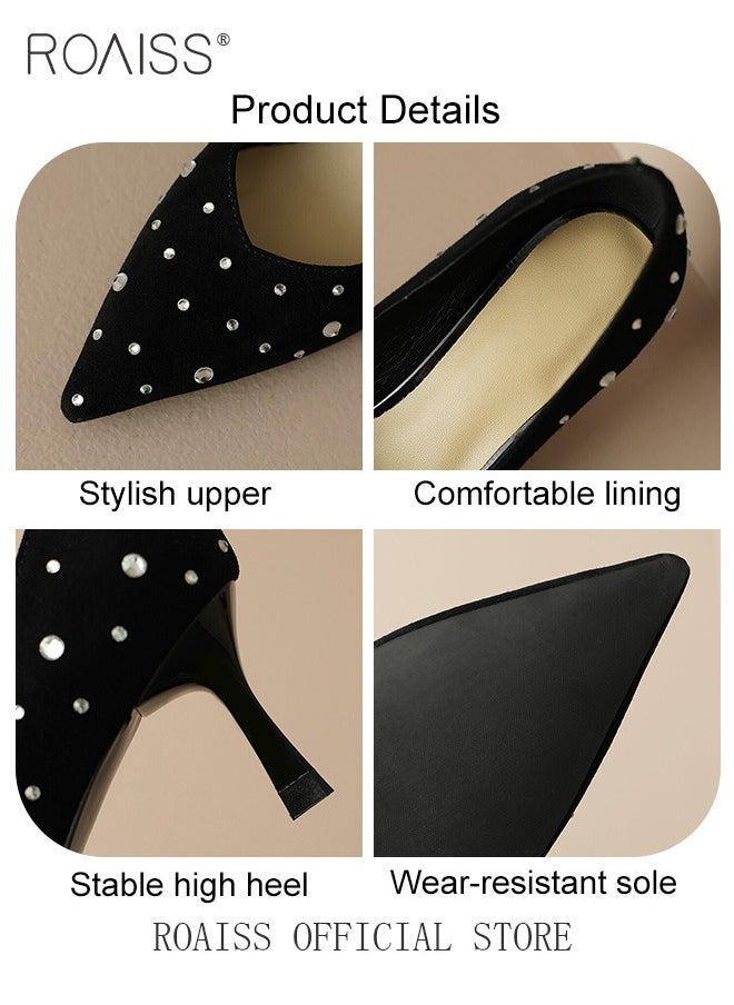 Women Pointed Toe Stiletto High Heels to Enhance Leg Lines Visually Slimming Luxurious Silk Satin Material with Side Hollow Design and Rhinestone Embellishments Perfect for Formal Events and Parties