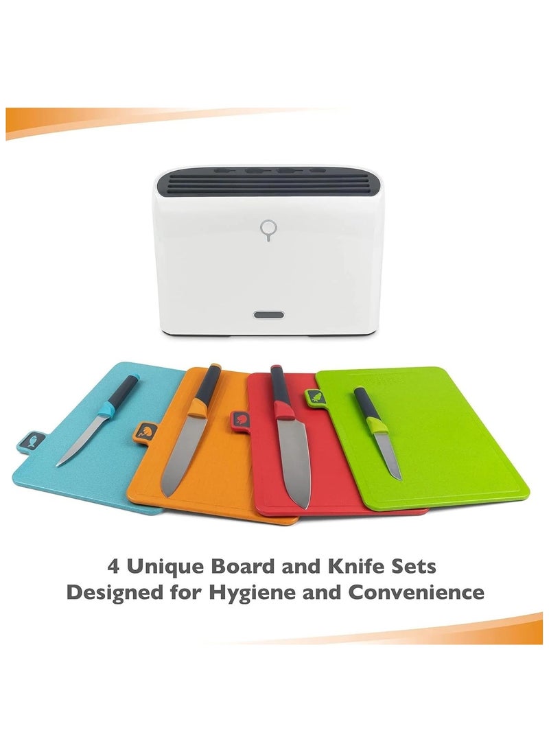 Creations Smart Cutting Board & Knife Set -Self Cleaning Cutting Board Set with 4 Color Coded Cutting Boards, 4 Stainless Steel Knives -Sterilizing & Drying Chopping Board Organizer