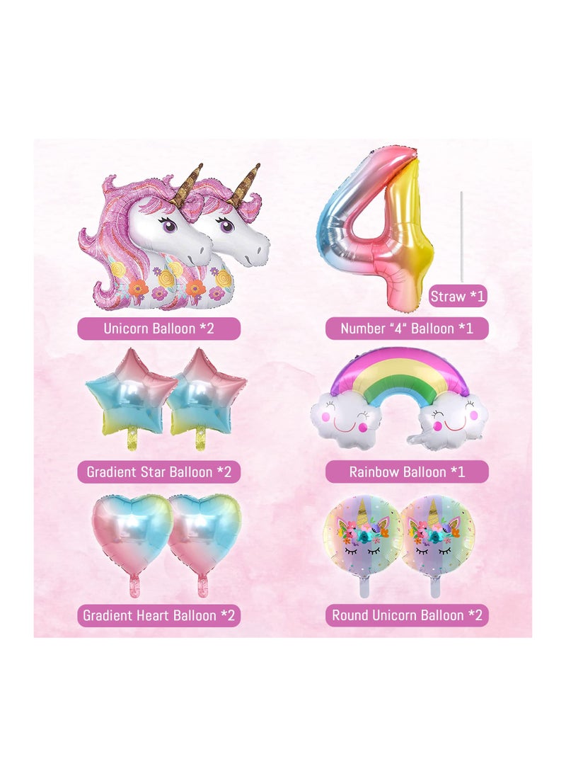 Unicorn Birthday Party Decorations for Girls 10Pcs Balloons Set Includes Rainbow Heart Star Number 4 Foil Balloons Perfect for 4th Birthday Celebration