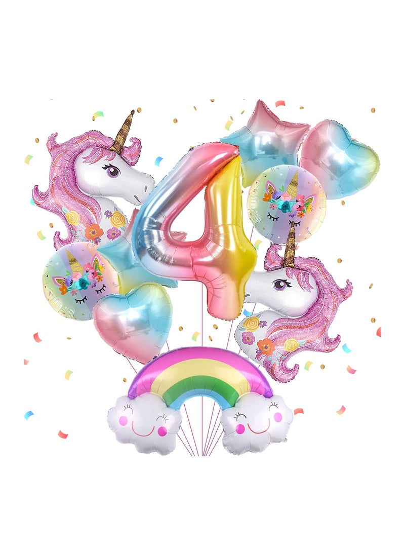 Unicorn Birthday Party Decorations for Girls 10Pcs Balloons Set Includes Rainbow Heart Star Number 4 Foil Balloons Perfect for 4th Birthday Celebration