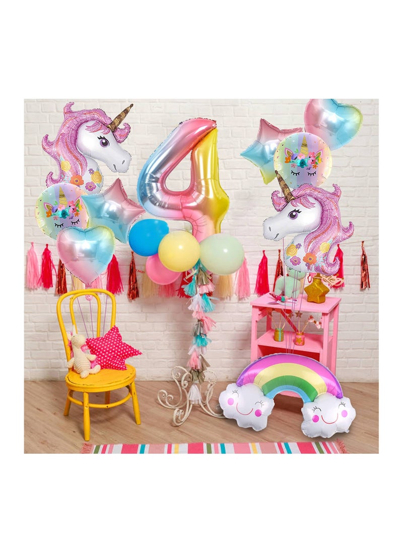 Unicorn Birthday Party Decorations for Girls 10Pcs Balloons Set Includes Rainbow Heart Star Number 4 Foil Balloons Perfect for 4th Birthday Celebration