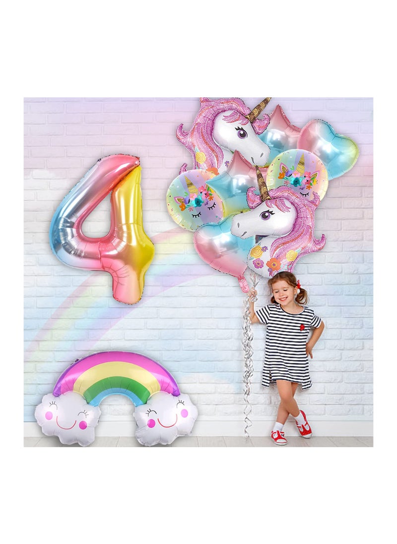 Unicorn Birthday Party Decorations for Girls 10Pcs Balloons Set Includes Rainbow Heart Star Number 4 Foil Balloons Perfect for 4th Birthday Celebration