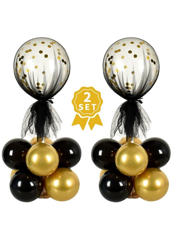 2 Set Black Gold Table Centerpiece Decorations Balloons Stand Holder Kit With Tulle Cover 20 Pcs Latex Balloons For Birthday Baby Shower Wedding Anniversary Halloween Party 2023 Graduation