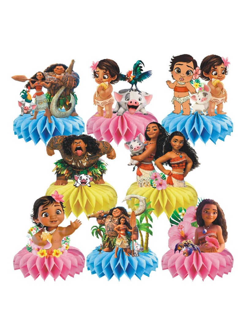 8Pcs Baby Moana Party Decorations,Baby Moana Theme Honeycomb Centerpieces Table Toppers, 3D Double Side Cake Toppers, Baby Moana Birthday Supplies for Girls and Boys