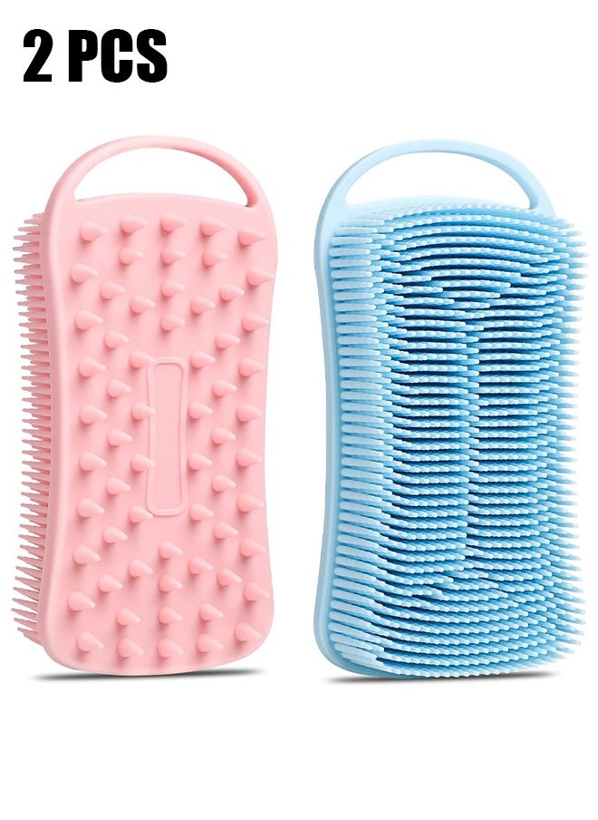 2 Pcs Silicone Body Scrubber, Exfoliating Body Scrubber, Soft Silicone Loofah, 2 in 1 Bath and Shampoo Brush, Cleaning Exfoliating Skin for Sensitive and All Kinds of Skin (Pink + Blue)