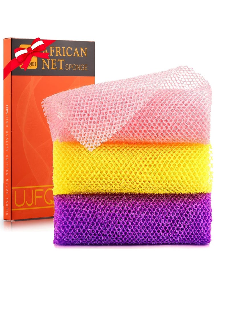 UJFQBH 3 Pieces African Bath Sponge African Net Long Net Bath Sponge Exfoliating Shower Body Scrubber Back Scrubber Skin Smoother,Great for Daily Use (Pink,Yellow,Purple)