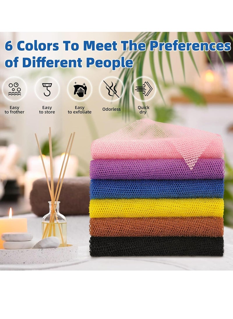 BHYTAKI 6 Pieces African Net Sponge African Exfoliating Net Long African Bath Sponge Washcloth Shower Net African Body Scrubber Net for Skin Smoother Daily Use(Pink,Yellow,Purple,Black,Blue,Brown)