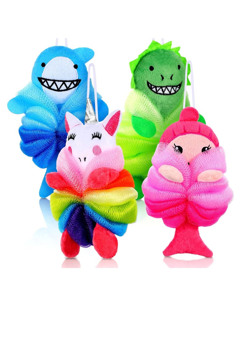 Tatuo 4 Pcs Animal Bath Loofahs Woman Body Loofah Cartoon Shower Loofahs Cute Bath Sponge Pouf Body Scrubbers Mesh Loofah Sponge for Shower Woman Washing Exfoliating, 4 Style