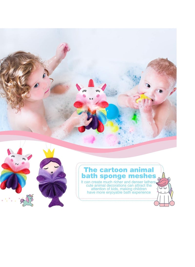 2 Pcs Bath Loofahs Kids Toddler Body Loofahs Cute Cartoon Kids Loofah Kid Bath Sponges Loofah Bath Pouf Body Scrubber Mesh Loofah Sponges for Children Shower Washing Exfoliating (Unicorn, Princess)