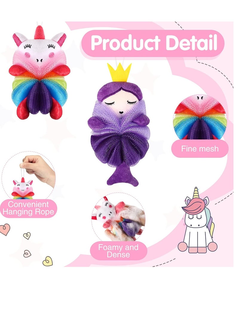 2 Pcs Bath Loofahs Kids Toddler Body Loofahs Cute Cartoon Kids Loofah Kid Bath Sponges Loofah Bath Pouf Body Scrubber Mesh Loofah Sponges for Children Shower Washing Exfoliating (Unicorn, Princess)