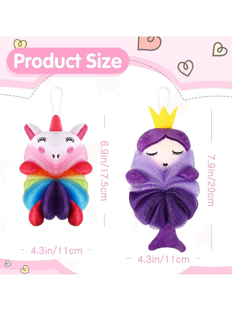 2 Pcs Bath Loofahs Kids Toddler Body Loofahs Cute Cartoon Kids Loofah Kid Bath Sponges Loofah Bath Pouf Body Scrubber Mesh Loofah Sponges for Children Shower Washing Exfoliating (Unicorn, Princess)