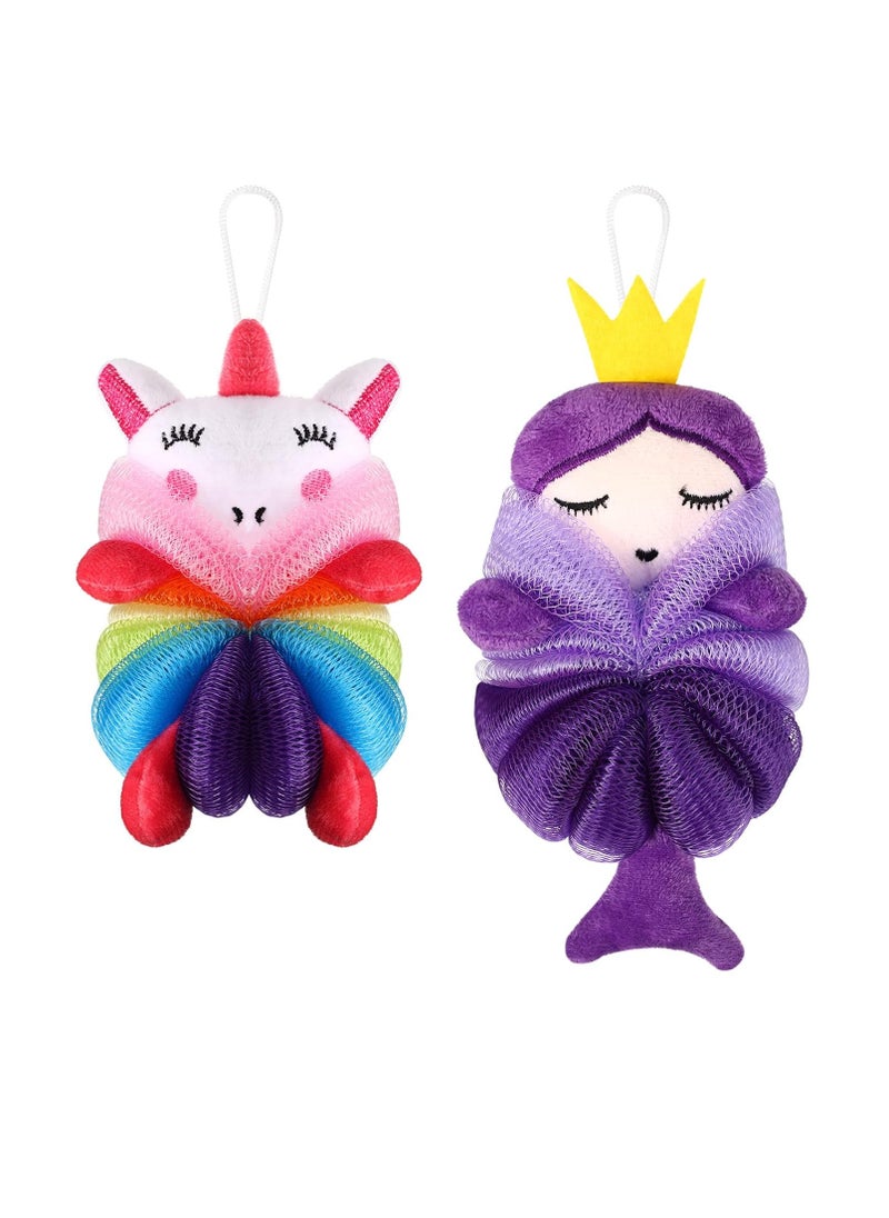 2 Pcs Bath Loofahs Kids Toddler Body Loofahs Cute Cartoon Kids Loofah Kid Bath Sponges Loofah Bath Pouf Body Scrubber Mesh Loofah Sponges for Children Shower Washing Exfoliating (Unicorn, Princess)