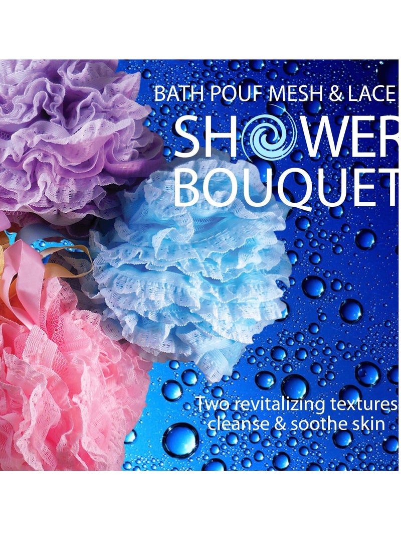 Loofah-Bath-Sponge Lace-Mesh-Set >> 2-Scrubs-in-1 by Shower Bouquet: Large Full 60g Pouf (4 Pack Spa Colors) Body Luffa Loofa Loufa Puff - Exfoliate, Cleanse Skin with Luxurious Bathing Accessories