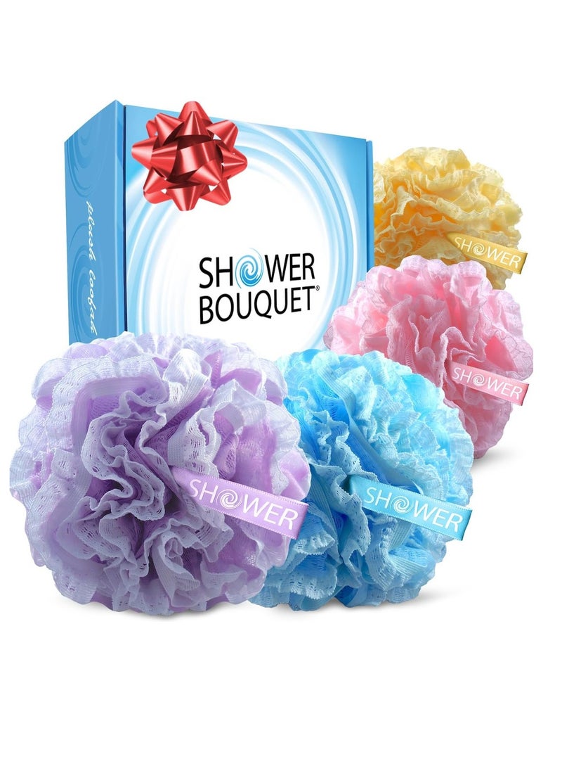 Loofah-Bath-Sponge Lace-Mesh-Set >> 2-Scrubs-in-1 by Shower Bouquet: Large Full 60g Pouf (4 Pack Spa Colors) Body Luffa Loofa Loufa Puff - Exfoliate, Cleanse Skin with Luxurious Bathing Accessories