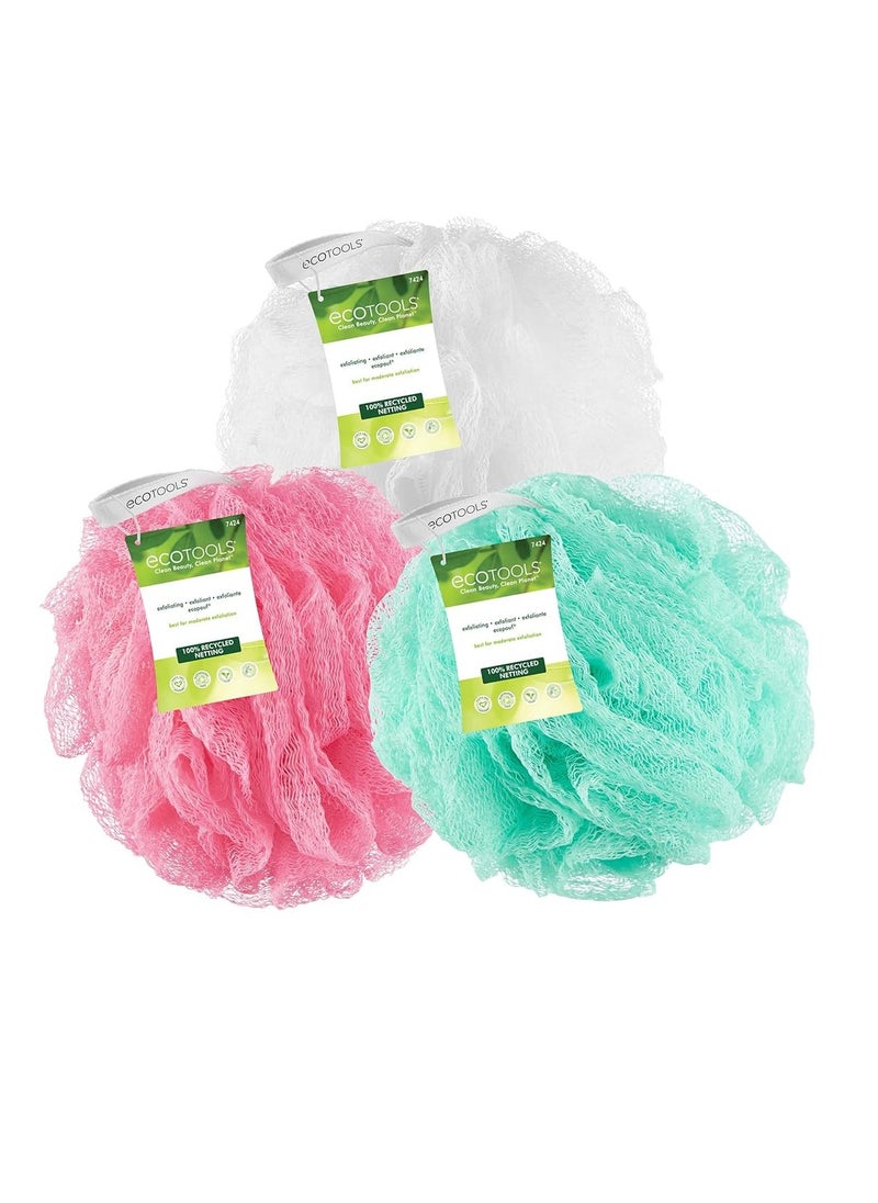 EcoTools Exfoliating EcoPouf Bath Sponge, Deep Cleansing Body Loofah, Removes Dirt & Impurities, Reveals Soft, Smooth Skin, Bath & Shower Pouf for Men & Women, Assorted Colors, 3 Count