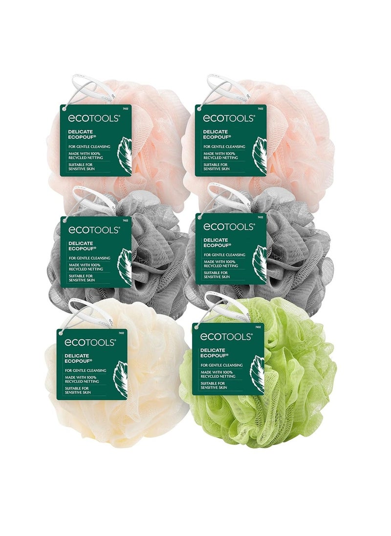 EcoTools Delicate EcoPouf Bath Sponge, Made With Recycled Materials, Exfoliating Bath Pouf, Loofah for Shower & Bath, In Assorted Colors, Green, White, Pink, and Gray, Perfect for Men & Women, 6 Count