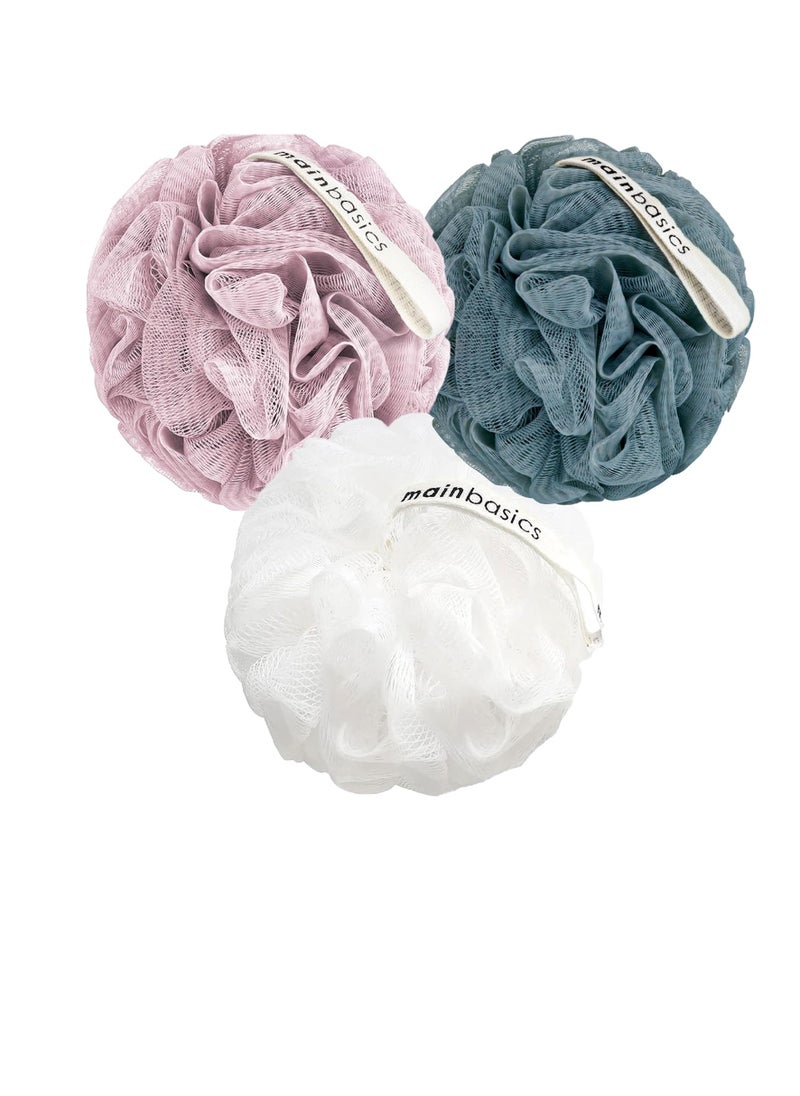 MainBasics Bath Shower Loofah Sponge Pouf Body Scrubber Exfoliator Body Wash Sponge (Set of 3, Airy Blossom)