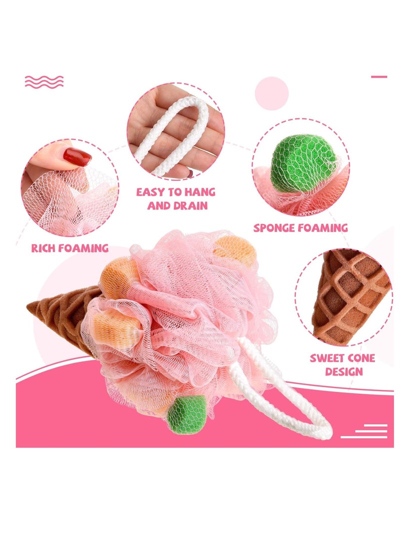 4 Pieces Kids Loofah Ice Cream Cone Bath Sponge Kids Bath Shower Sponge Body Scrubber Exfoliating Loofah for Kids Spa Shower