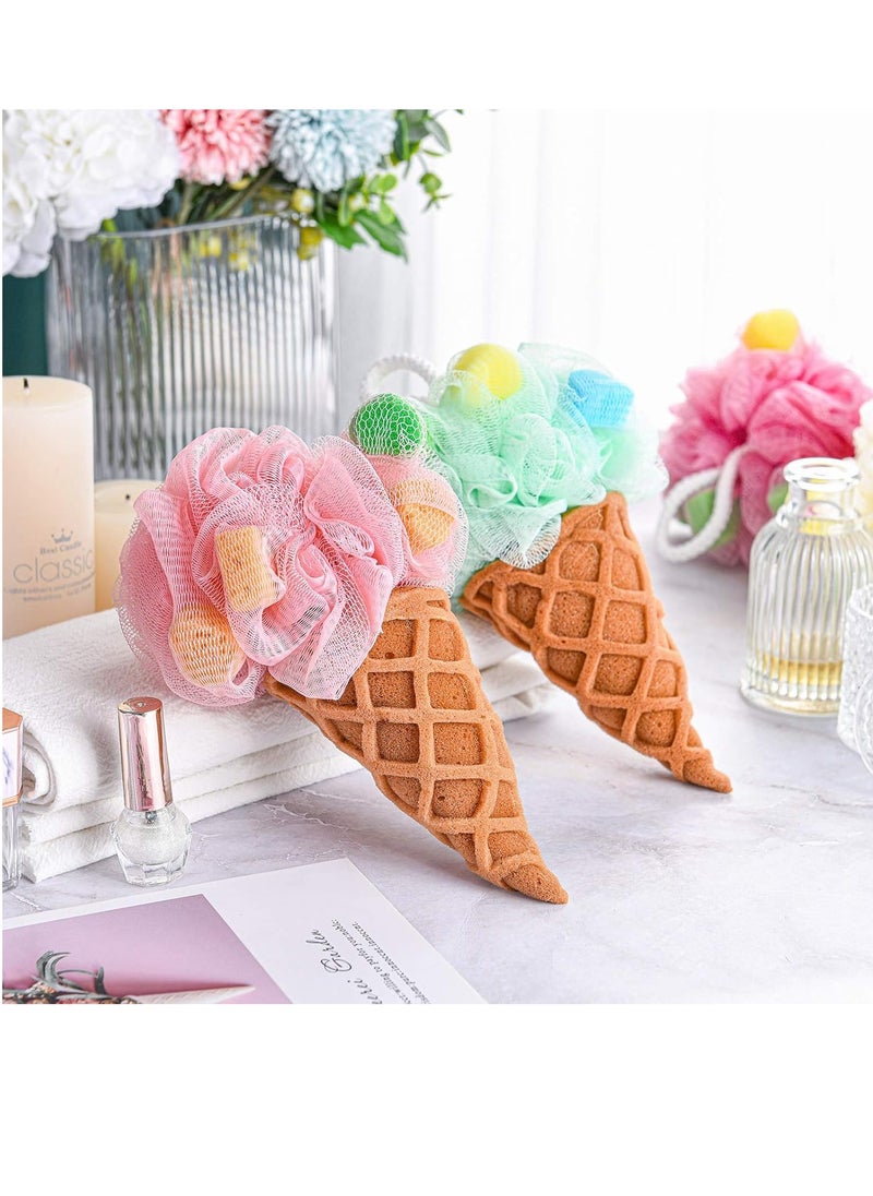 4 Pieces Kids Loofah Ice Cream Cone Bath Sponge Kids Bath Shower Sponge Body Scrubber Exfoliating Loofah for Kids Spa Shower