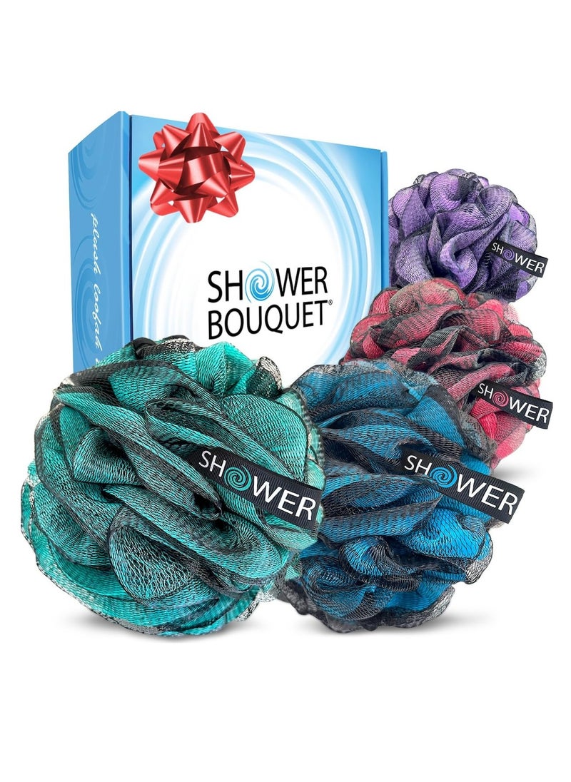 SHOWER BOUQUET Loofah-Charcoal Bath-Sponge-Color-Set XL-75g Extra Large 4 Pack, Soft Mesh Black Loufa Puff - Exfoliating Body Scrubber for Women and Men: Soothing Face & Body Exfoliator