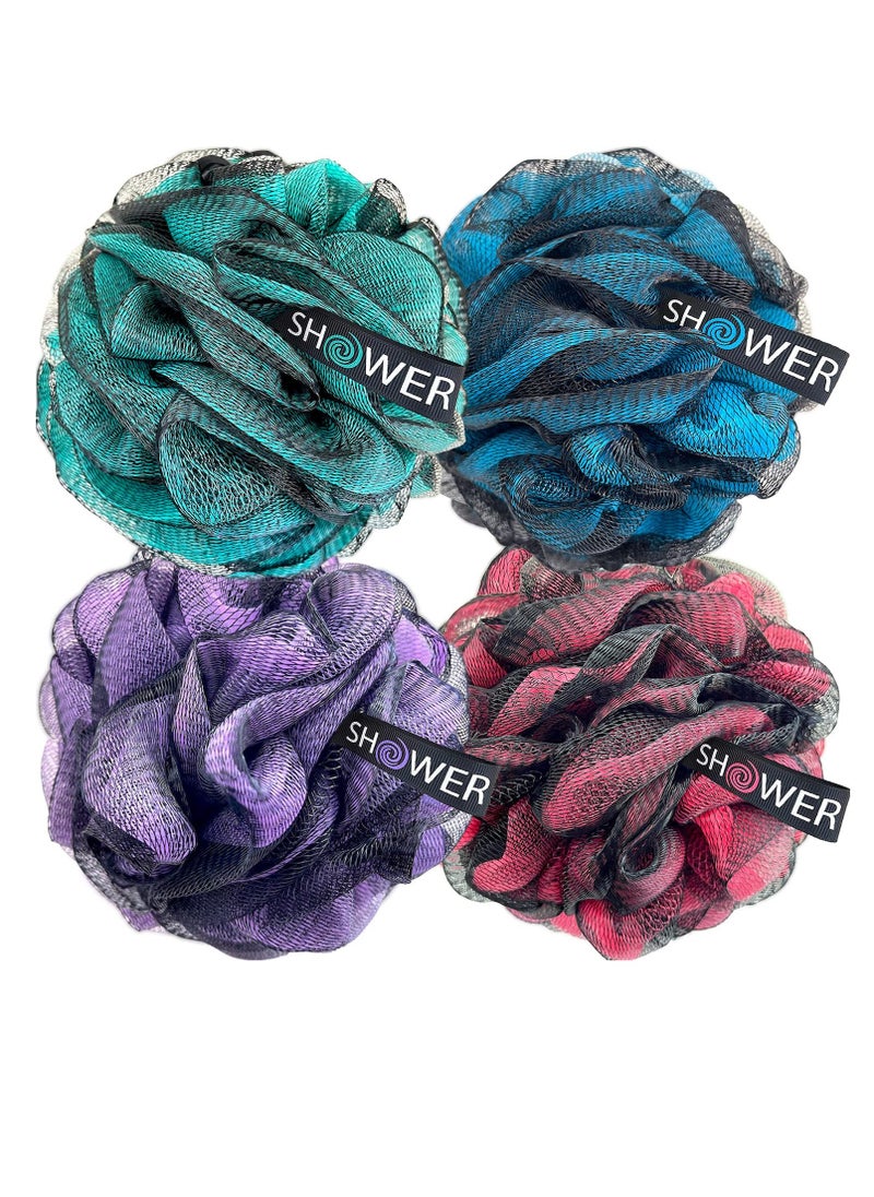 SHOWER BOUQUET Loofah-Charcoal Bath-Sponge-Color-Set XL-75g Extra Large 4 Pack, Soft Mesh Black Loufa Puff - Exfoliating Body Scrubber for Women and Men: Soothing Face & Body Exfoliator