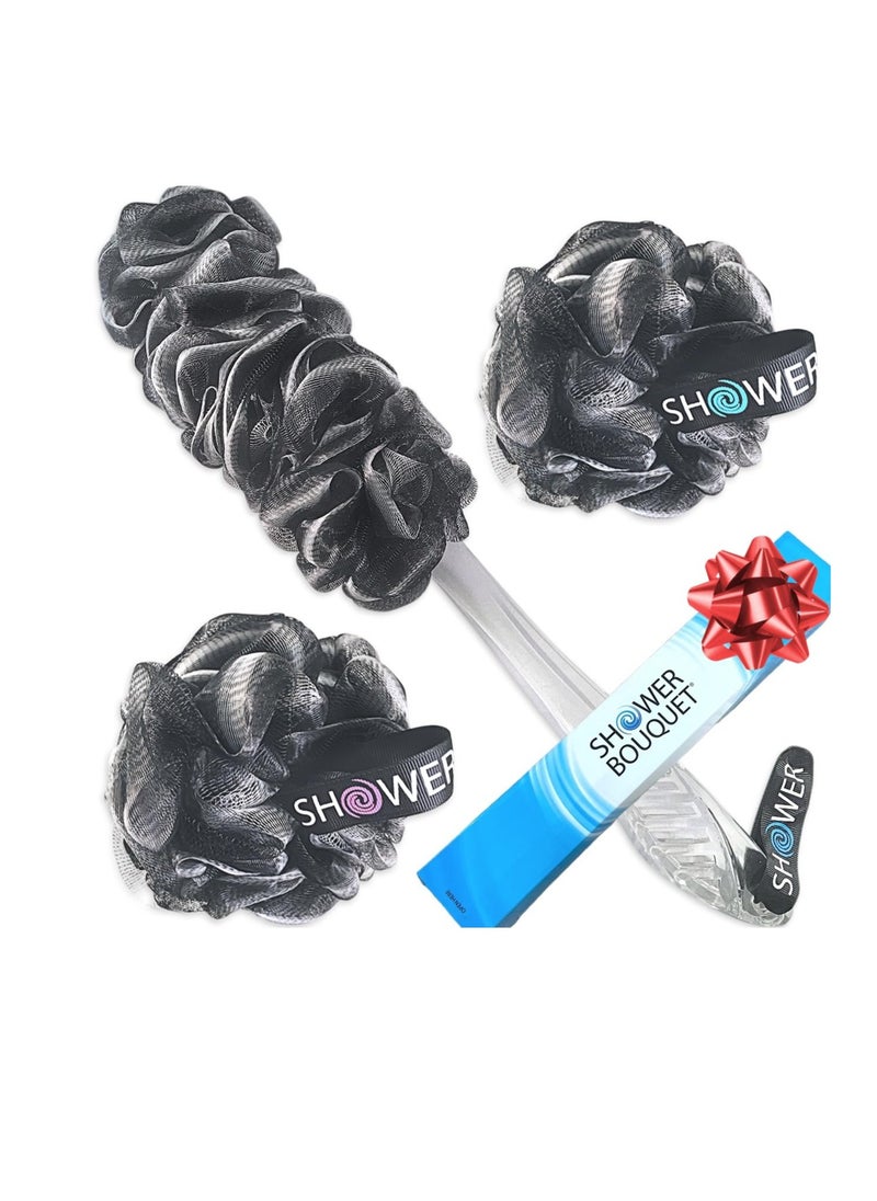 Loofah-Charcoal Back-Scrubber & Bath-Sponges by Shower Bouquet: 1 Long-Handle-Back-Brush Plus 2 Extra Large 75g Soft Mesh Poufs, Men & Women - Exfoliate with Full Pure Cleanse in Bathing Accessories