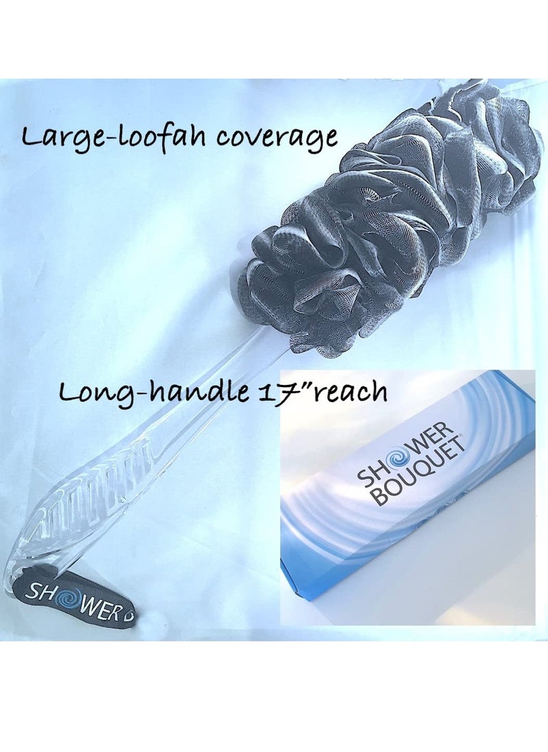 Loofah-Charcoal Back-Scrubber & Bath-Sponges by Shower Bouquet: 1 Long-Handle-Back-Brush Plus 2 Extra Large 75g Soft Mesh Poufs, Men & Women - Exfoliate with Full Pure Cleanse in Bathing Accessories