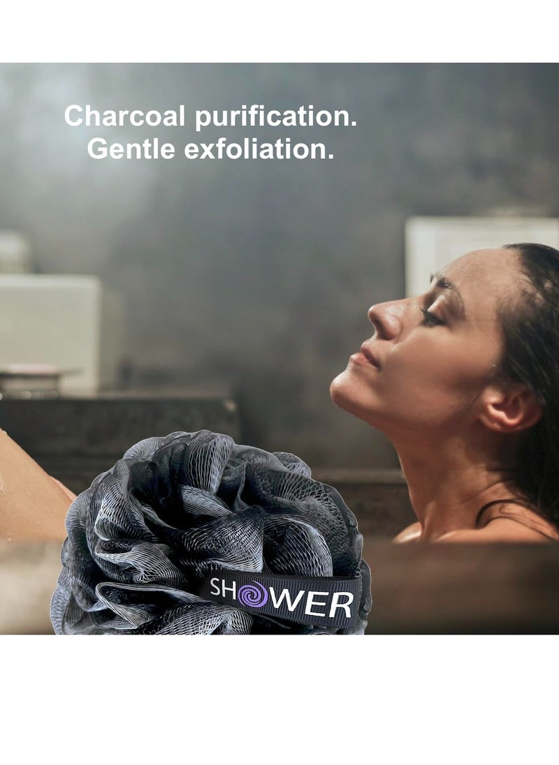 Loofah-Charcoal Back-Scrubber & Bath-Sponges by Shower Bouquet: 1 Long-Handle-Back-Brush Plus 2 Extra Large 75g Soft Mesh Poufs, Men & Women - Exfoliate with Full Pure Cleanse in Bathing Accessories