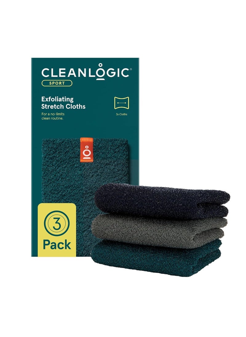 Cleanlogic Body Exfoliating Cloth, Stretchy Sport Exfoliator Bath and Shower Washcloths Ideal for Post-Workout Cleanse, Daily Skincare Tool, 3 Count Value Pack