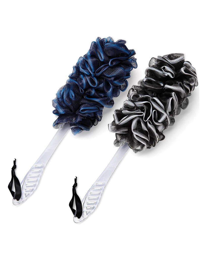 2Pack Loofah Sponge, Qewro Dual-Sided Loofah on a Stick Exfoliating Body with Long Handle, Body Scrubber for Back use in Shower with Loufas or Lufa for Men Women (2Pack Black and Navyblue)