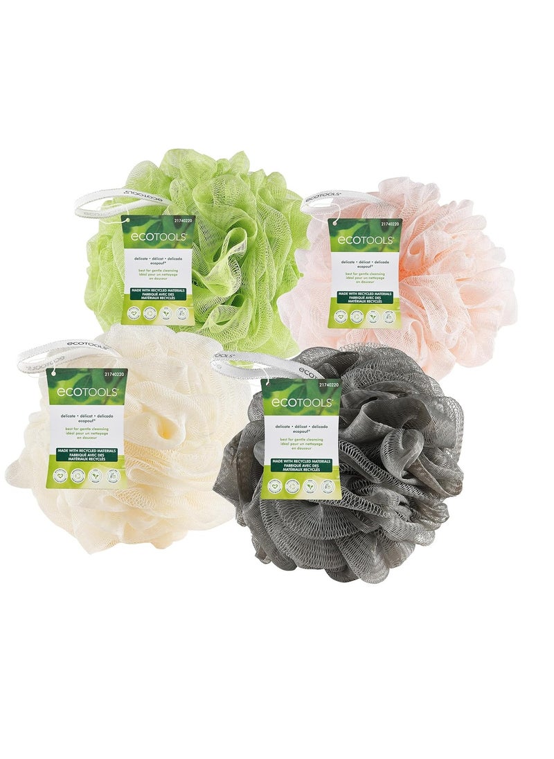 EcoTools Delicate EcoPouf 4 Pack, Loofah Sponge for Bath & Shower, Recycled Netting, Gentle Exfoliation, Pouf for Body Wash, Eco-Friendly Bath Accessory, Cruelty-Free, Color May Vary, (60g Each)